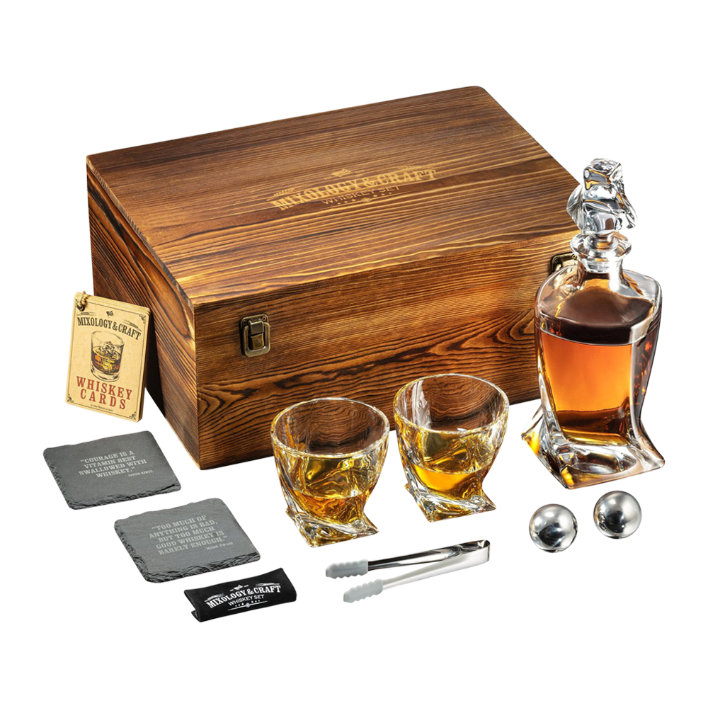 Glencairn Whiskey Glasses Decanter Set with Handcrafted Wood Box