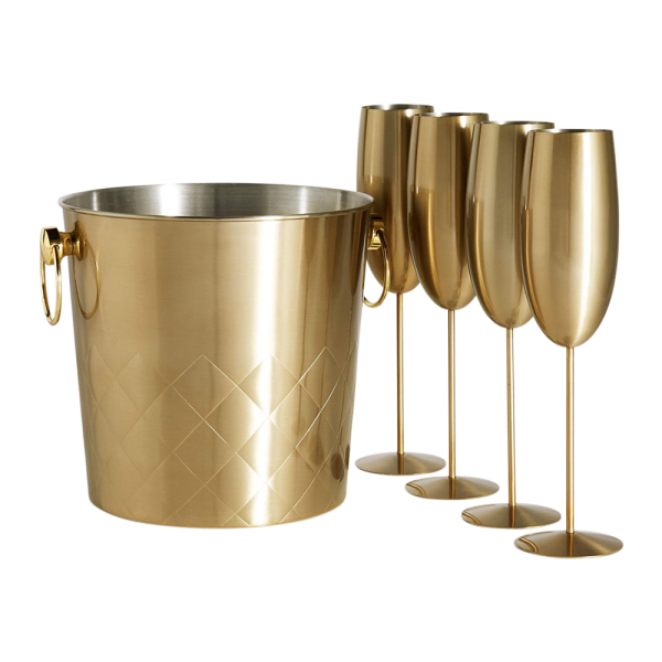 Stainless Steel Ice Bucket and Champagne Flute Set