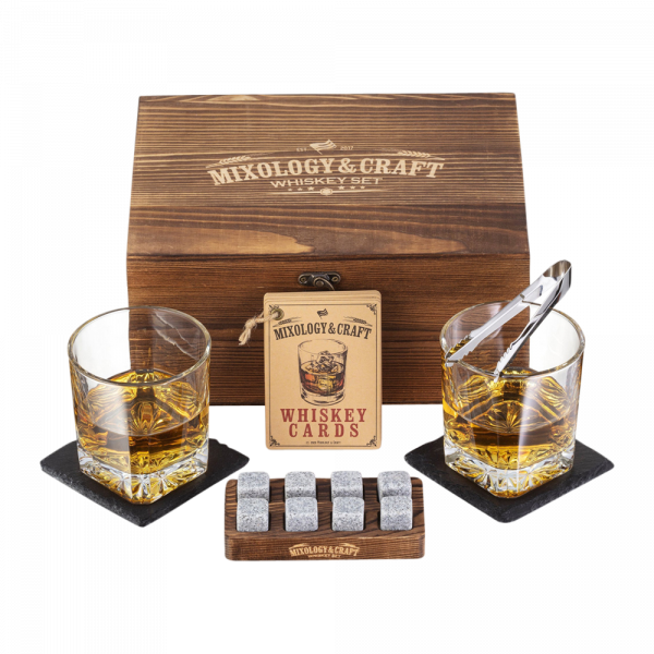 Engraved Corporate Wooden Gift Boxed Scotch Glass and Whiskey Stone Set