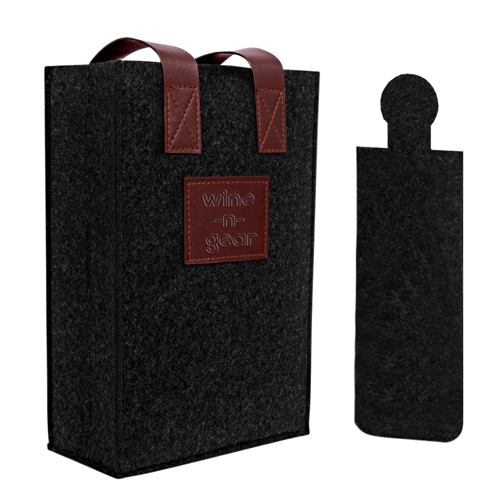 WNG-1165-2-Bottle Felt Wine Tote-2-black:darkcherry 2 Bottle Felt Wine Tote