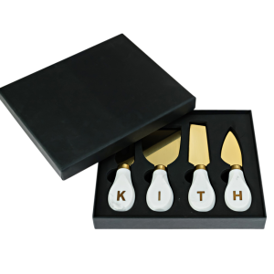Marble and Brass Cheese Fork Set with Brass Inset Logo