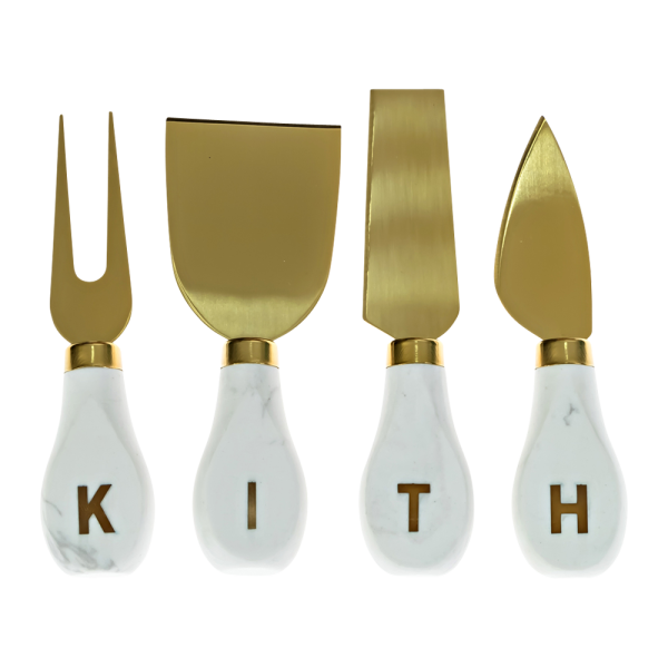 Marble and Brass Cheese Fork Set with Brass Inset Logo