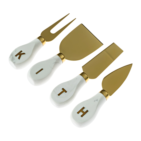 Marble and Brass Cheese Fork Set with Brass Inset Logo