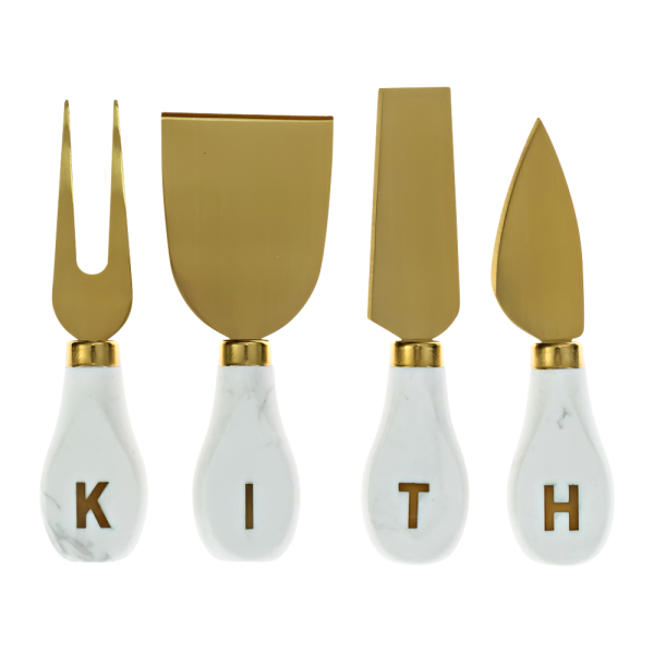 Marble and Brass Tray and Cheese Fork Set with Brass Inset Logo