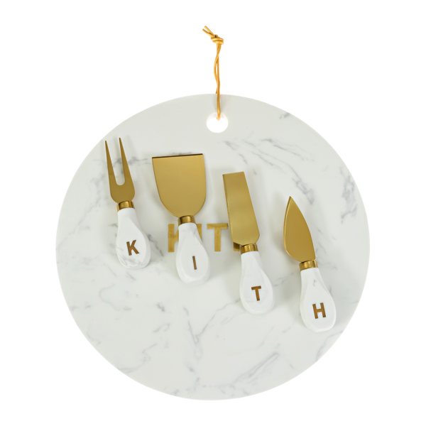 Marble and Brass Tray and Cheese Fork Set with Brass Inset Logo