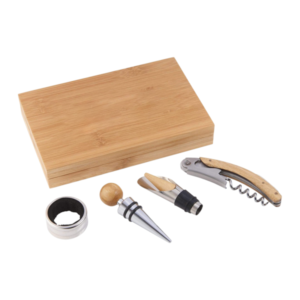 4-Piece Corkscrew Tool Set with Natural Wood Case