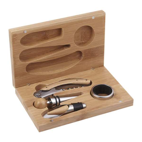 4-Piece Corkscrew Tool Set with Natural Wood Case