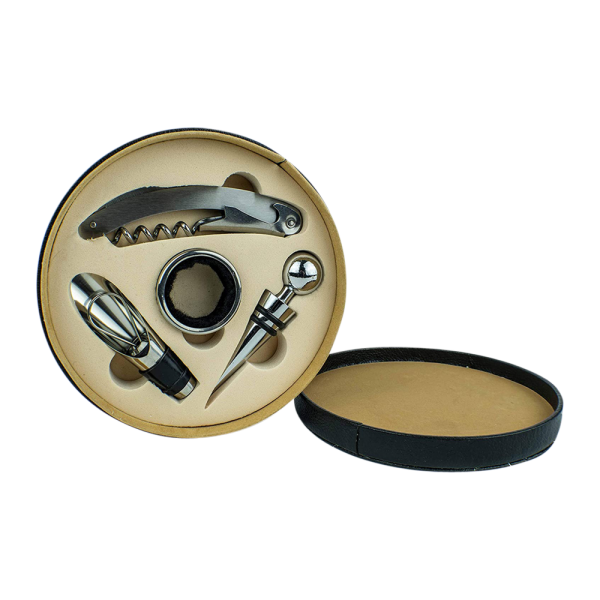 4-Piece Corkscrew Tool Set with Round Faux Leather Case