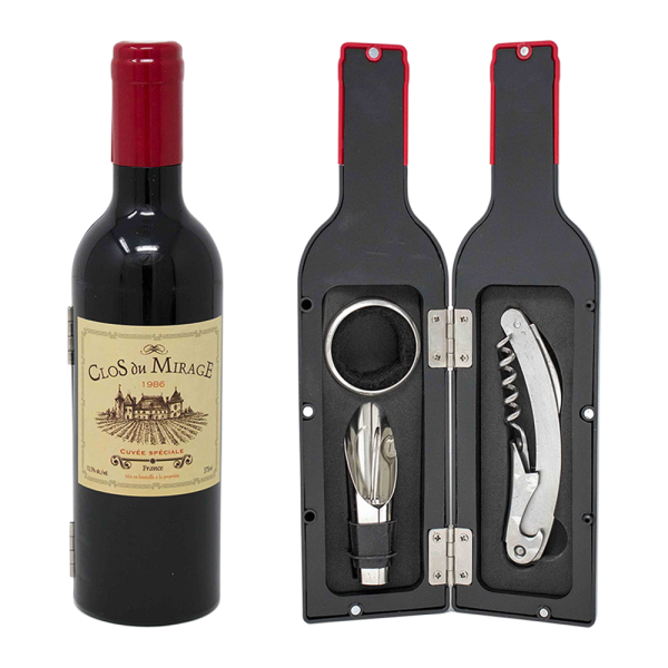 3-Piece Corkscrew Tool Set in Decorative Wine Bottle Case