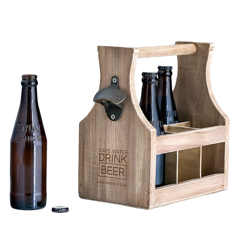 WNG-2568-Wood-Beer-Bottle-Caddy-6 Wood Beer Bottle Caddy with Opener
