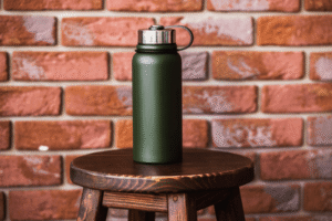 Green insulated stainless steel water bottle with screw cap and loop handle placed on a wooden stool against a brick wall background
