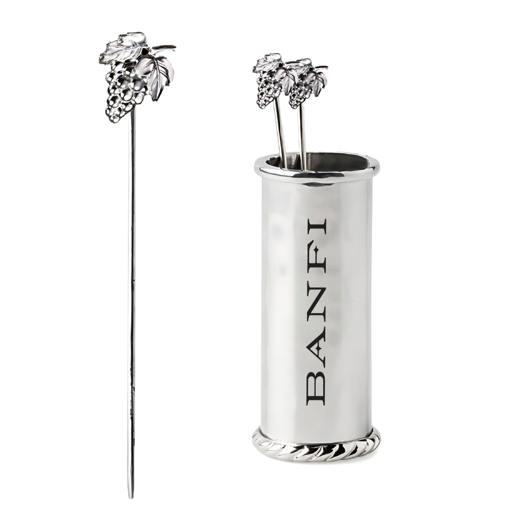 WNG-3418-Steel-Picks-+-Holder-Set-2 Set of 4 Stainless Steel Cocktail Picks + Holder Set