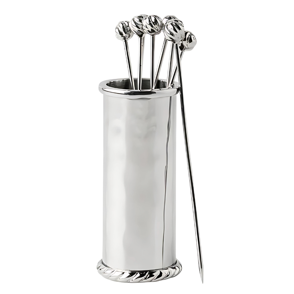 WNG-3418-Steel-Picks-+-Holder-Set-4 Set of 4 Stainless Steel Cocktail Picks + Holder Set