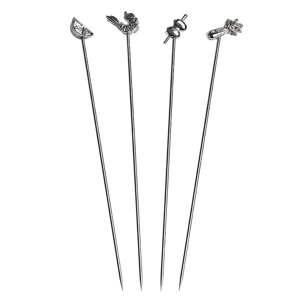 WNG-3418-Steel-Picks-+-Holder-Set-5 Set of 4 Stainless Steel Cocktail Picks + Holder Set