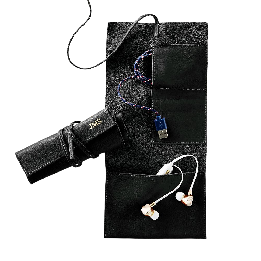 WNG-3419-Leather Roll Up Tech Organizer-Black Leather Roll Up Tech Organizer