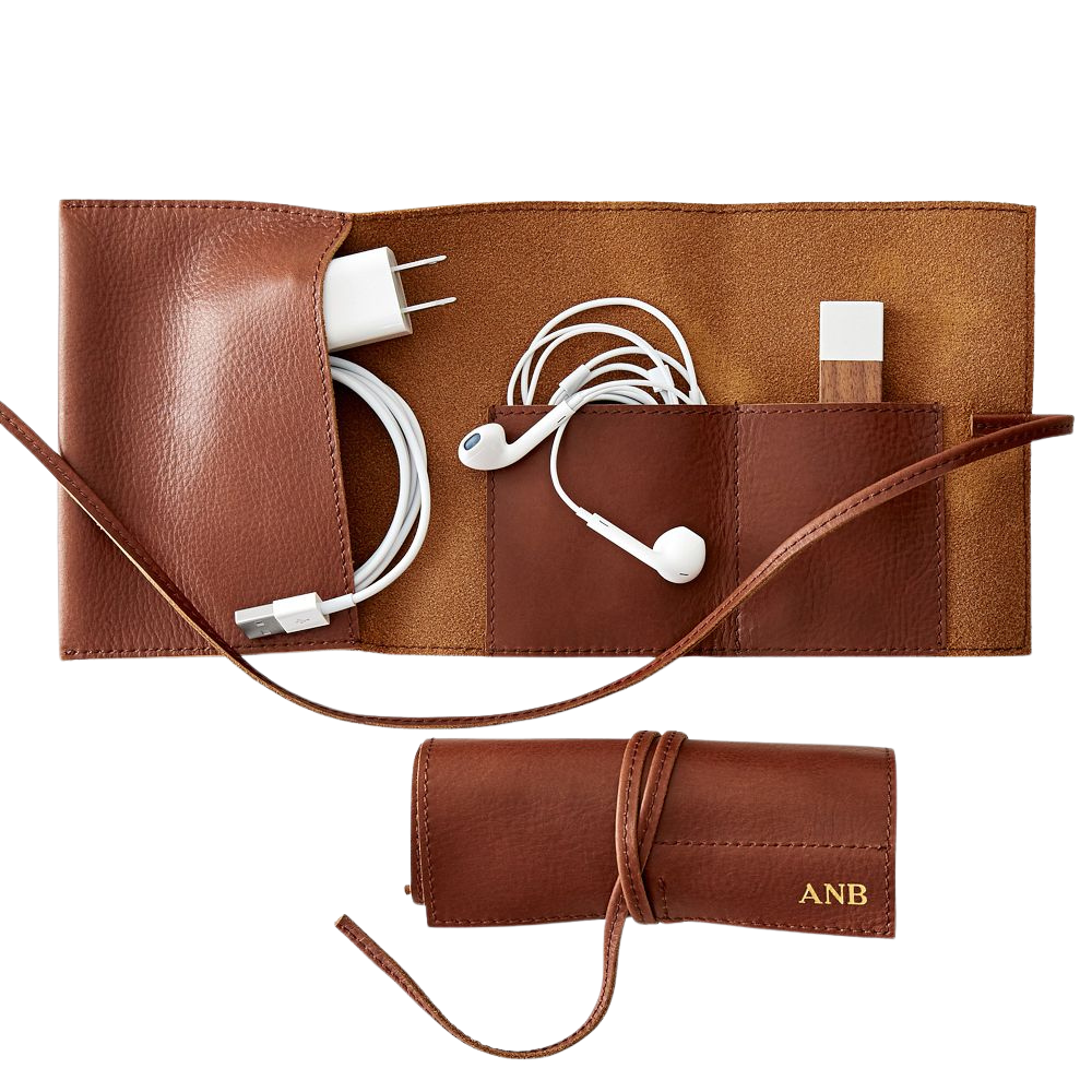 WNG-3419-Leather Roll Up Tech Organizer-Brown Leather Roll Up Tech Organizer