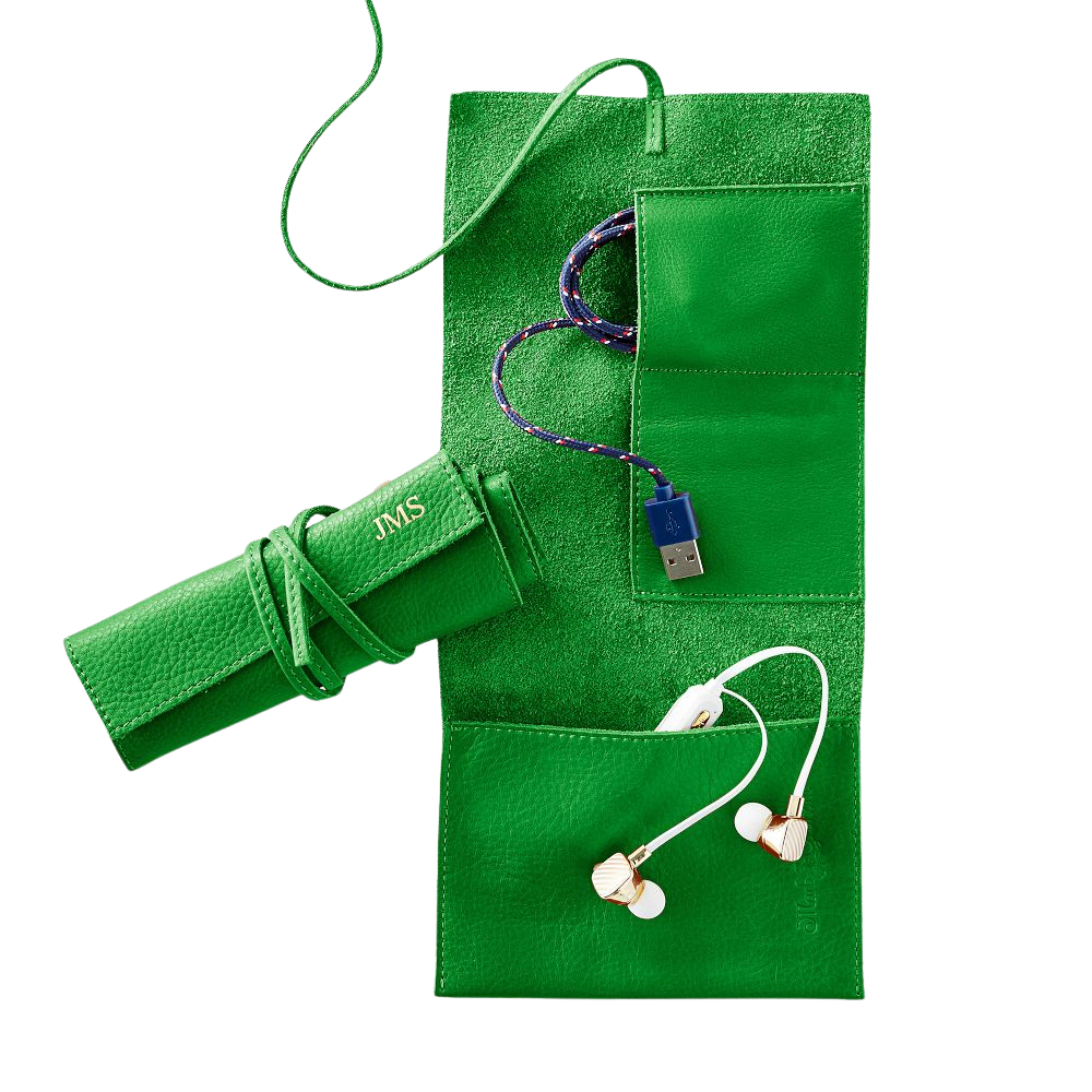 WNG-3419-Leather Roll Up Tech Organizer-Green Leather Roll Up Tech Organizer