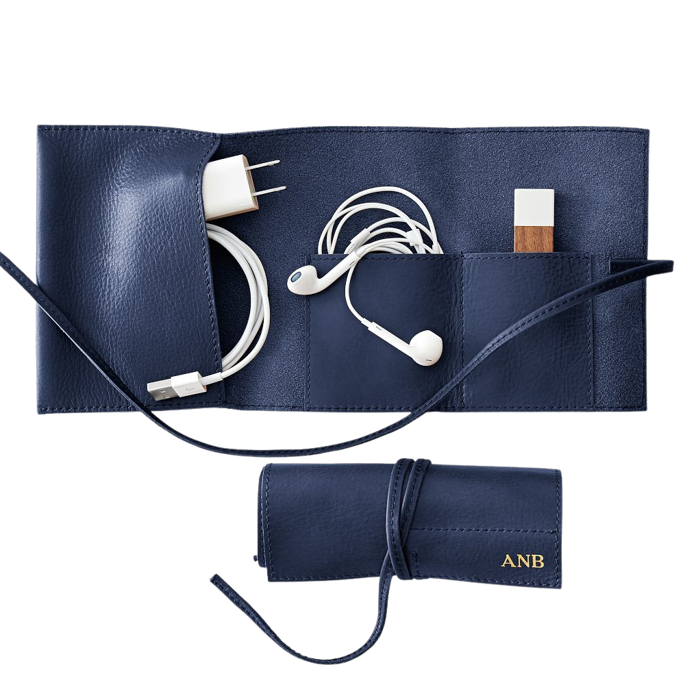 WNG-3419-Leather Roll Up Tech Organizer-Navy Leather Roll Up Tech Organizer
