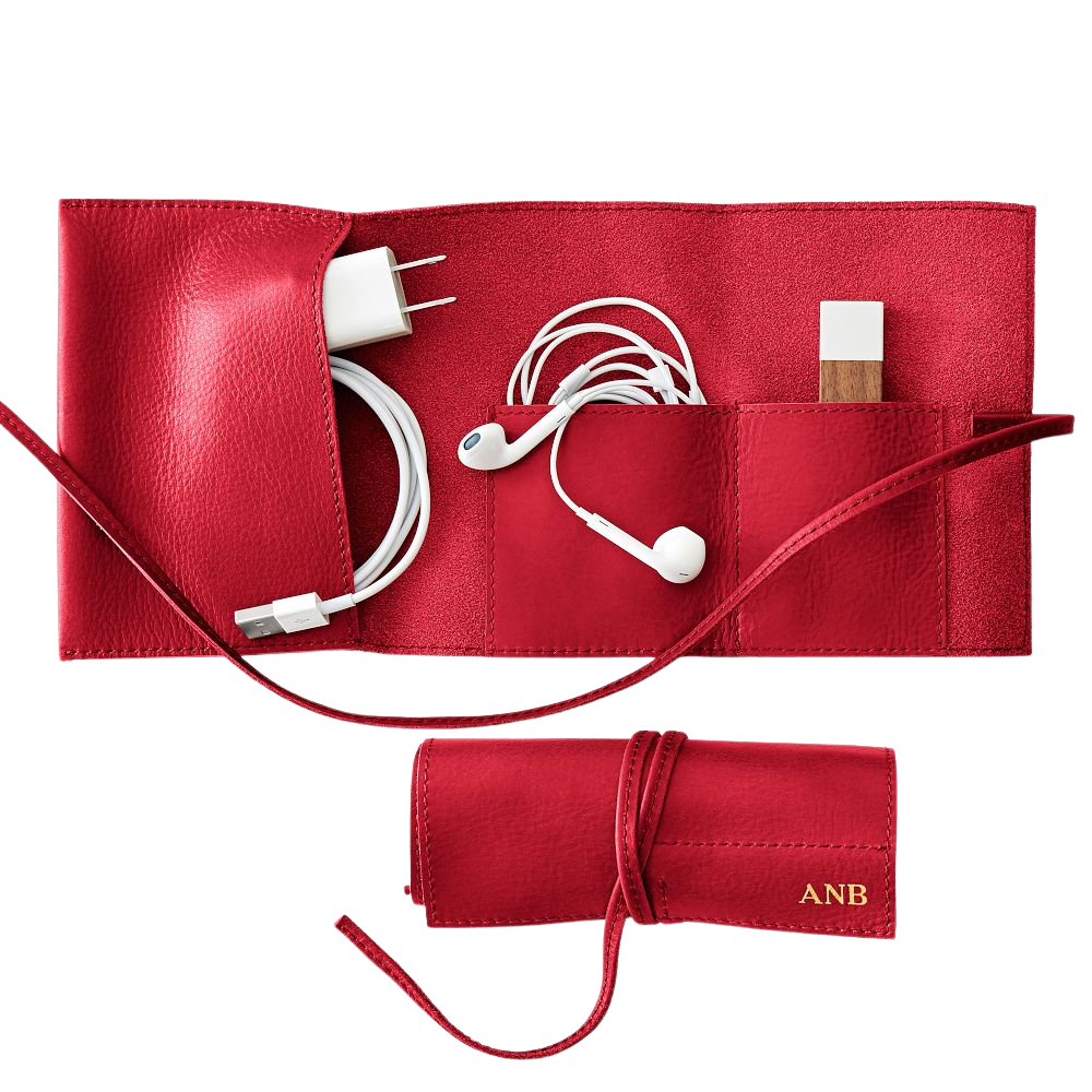 WNG-3419-Leather Roll Up Tech Organizer-Red Leather Roll Up Tech Organizer