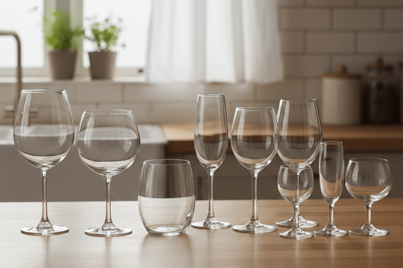 Assorted glassware lineup on a counter, including red and white wine glasses, flutes, stemless, and small dessert glasses