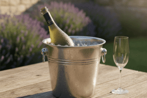 Champagne bottle resting in an ice bucket beside a flute, highlighting the correct temperature for serving champagne