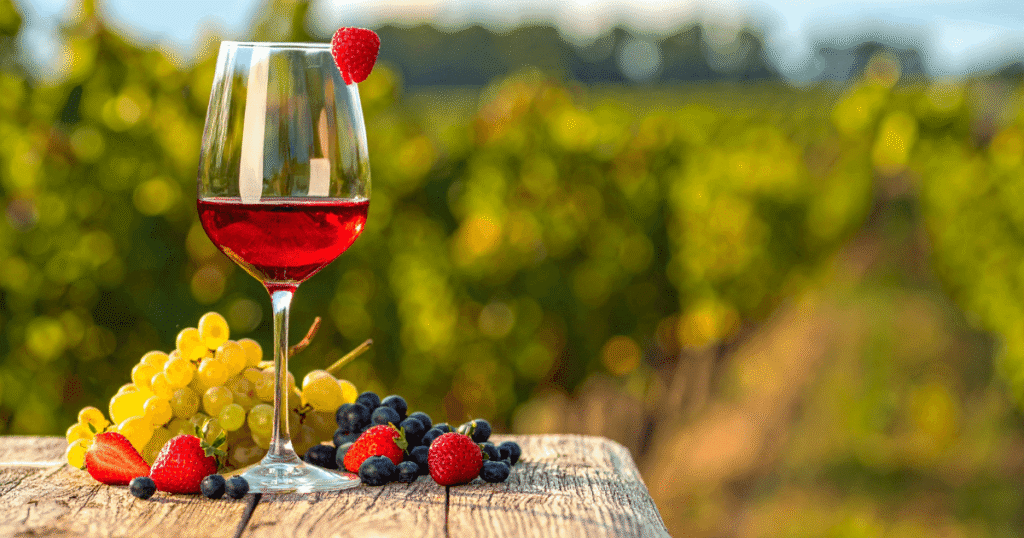 Glass of red wine with fresh berries and grapes on a wooden table in a vineyard