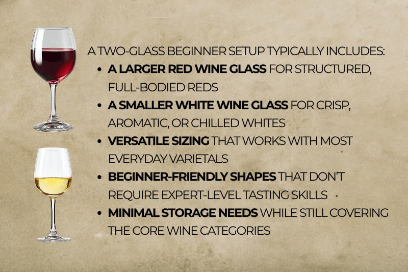 Infographic showing a simple two-glass starter set_ larger red wine glass and smaller white wine glass