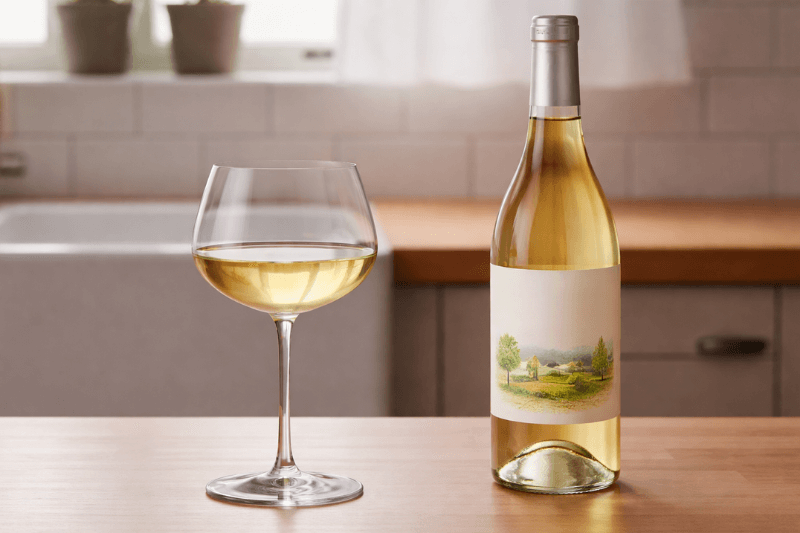 Large-bowl white wine glass filled with wine beside a bottle with a landscape label