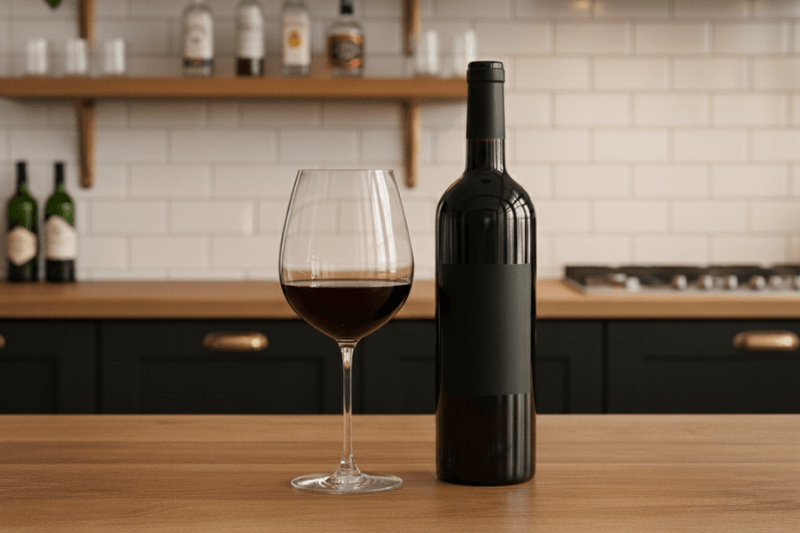 Red wine poured in a large-bowl glass beside a dark wine bottle on a kitchen counter