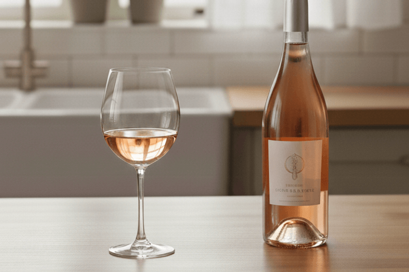 Rosé wine in a stemmed glass beside a rosé bottle on a kitchen counter