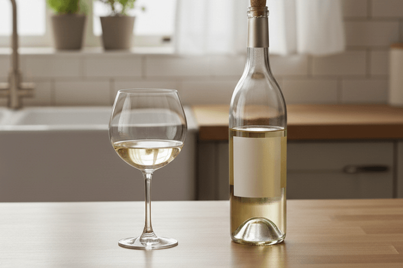Round-bowled white wine glass with pale wine beside a clear bottle in a bright kitchen setting