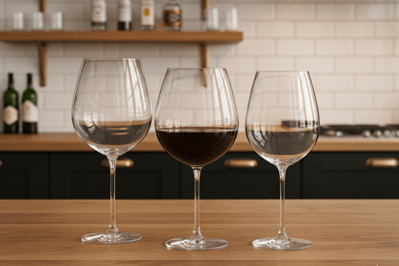 Three wine glasses on a kitchen counter, with the center glass filled with red wine