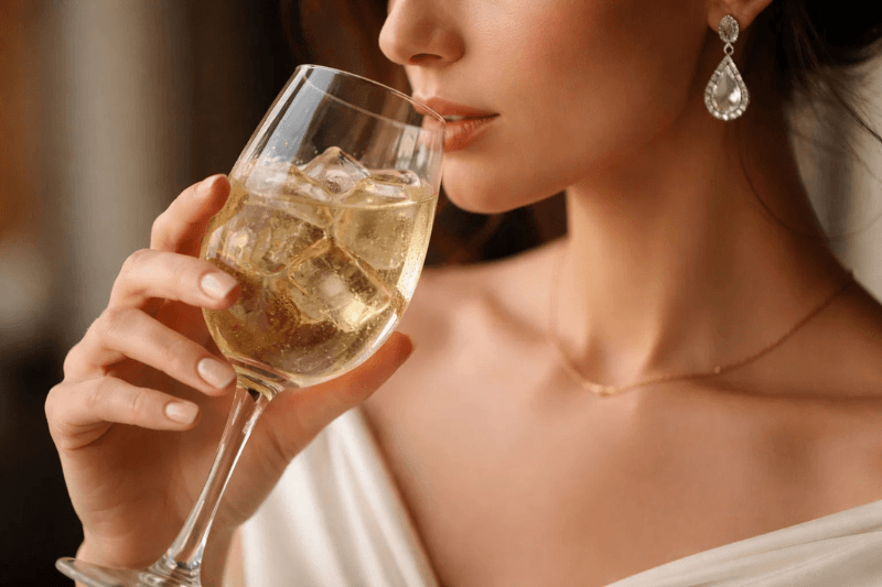 Close-up of a woman sipping chilled white wine with ice cubes in a glass, wearing elegant jewelry in a warm setting
