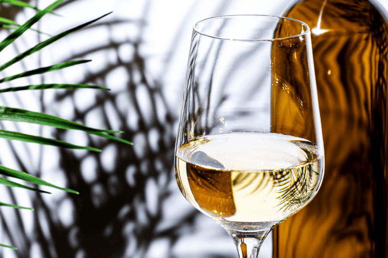 Glass of dry white wine with bottle and natural light shadows