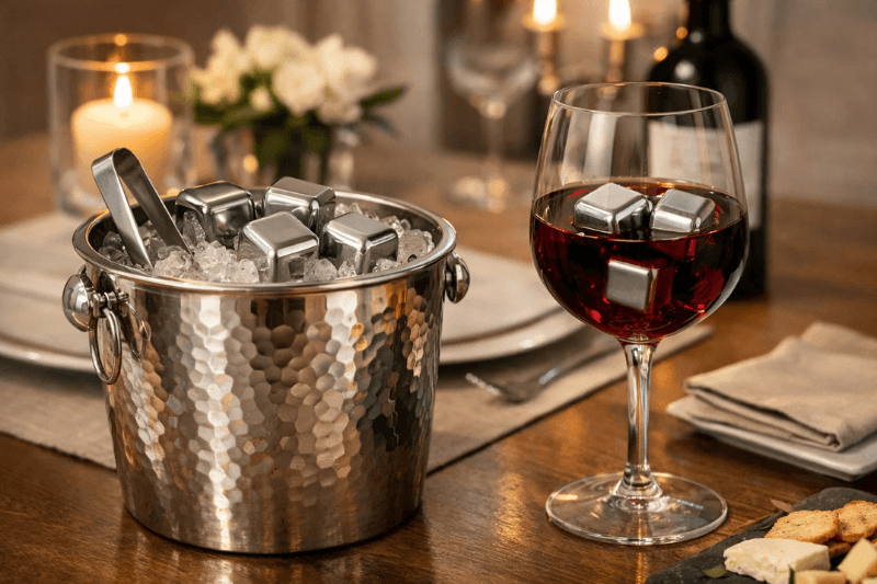 Glass of red wine chilled with stainless steel wine cubes beside a metal ice bucket filled with reusable cubes on a dining table