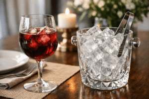 Glass of red wine with ice cubes beside a crystal ice bucket and tongs on a dining table, with a candle softly lit in the background