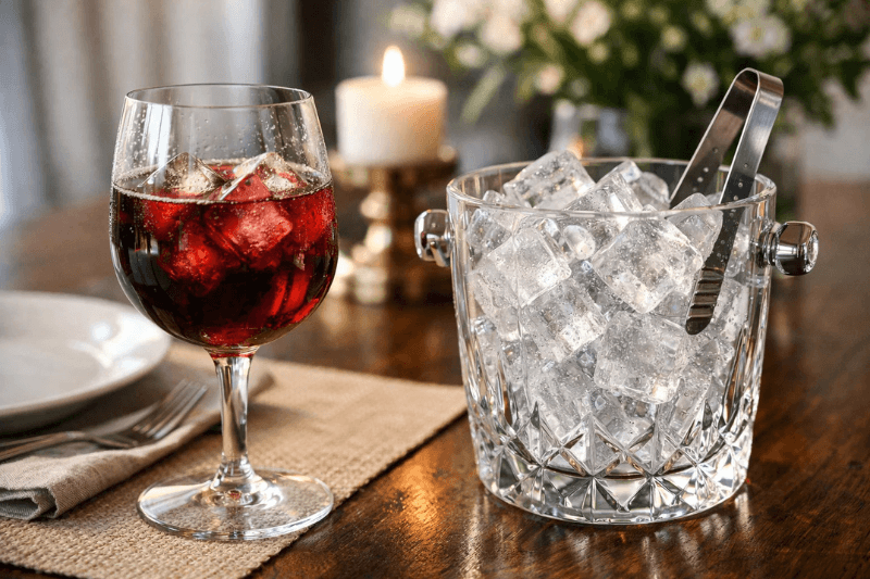 Glass of red wine with ice cubes beside a crystal ice bucket and tongs on a dining table, with a candle softly lit in the background
