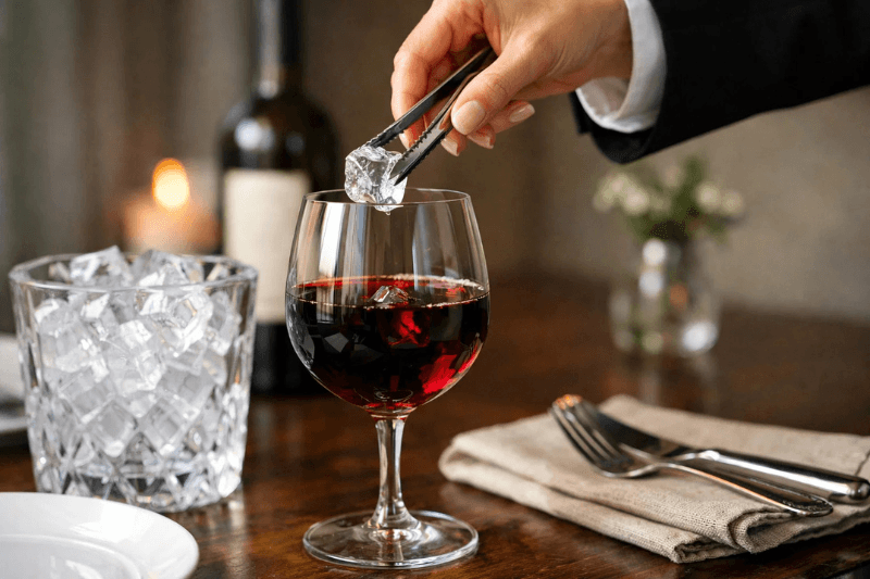 Hand using tongs to add an ice cube into a glass of red wine, with an ice bucket and wine bottle on a dining table in the background