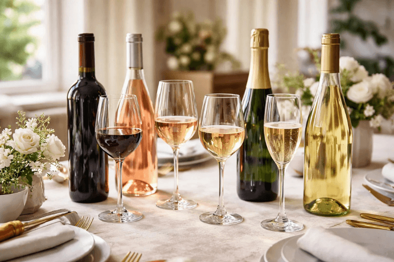 Selection of red, rosé, white, and sparkling wines in glasses with matching bottles displayed on a dining table in a bright setting