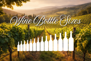 Vineyard landscape with wine bottle size silhouettes showing different formats visually