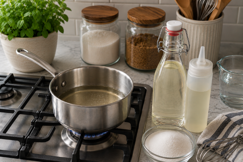 Bartender simple syrup ingredients simmering on stove beside bottled syrup setup