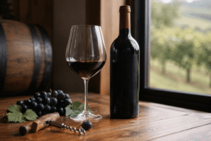 Bottle of Cabernet Sauvignon with a glass of red wine, dark grapes, and a corkscrew on a wooden table near a vineyard window