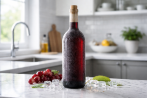 Chilled red wine bottle with condensation on kitchen counter with grapes and ice