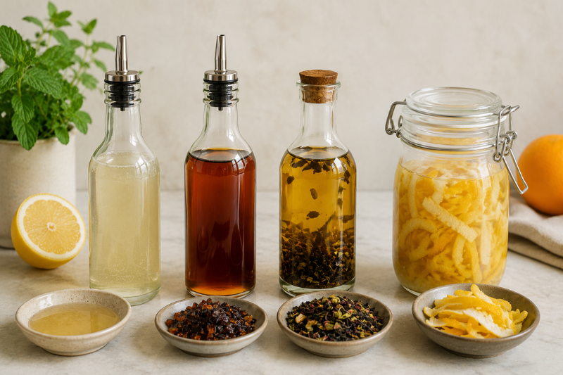 Citrus, tea, and honey simple syrup ingredients displayed for homemade bar mixers