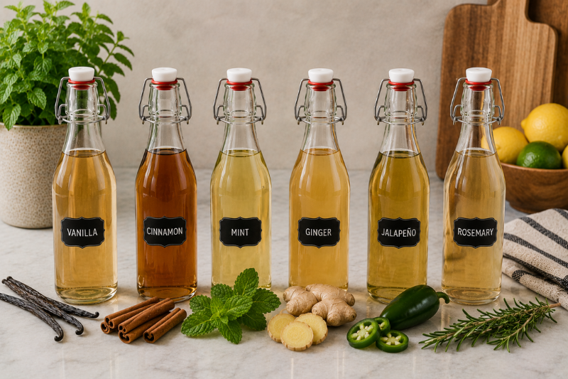 Flavored simple syrup bottles with mint, ginger, rosemary, cinnamon, and vanilla