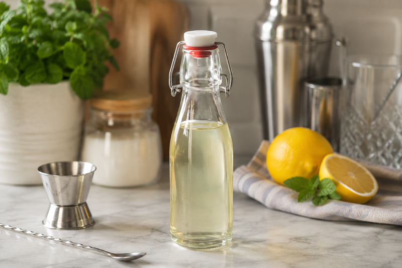 Homemade simple syrup in glass bottle with lemons and mint on kitchen counter