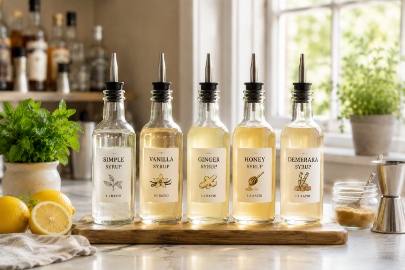 Simple syrup varieties including vanilla, ginger, honey, and demerara for cocktails