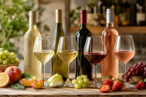 Assorted white, red, and rosé wines with fresh fruit on a rustic tasting table