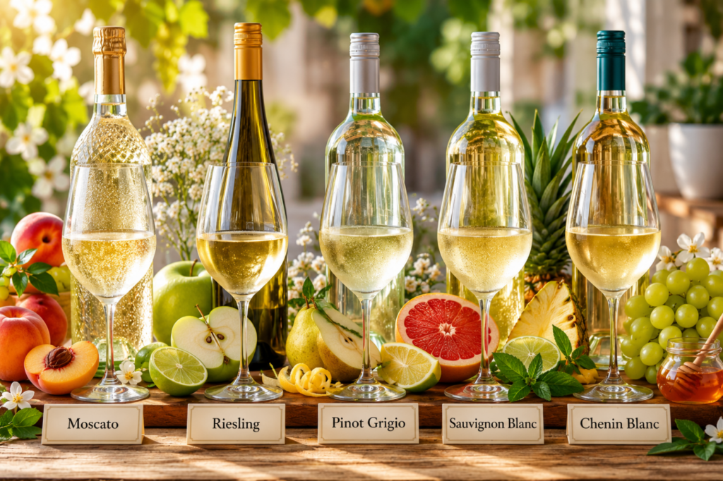 Beginner-friendly white wines displayed with fresh fruits and tasting glasses