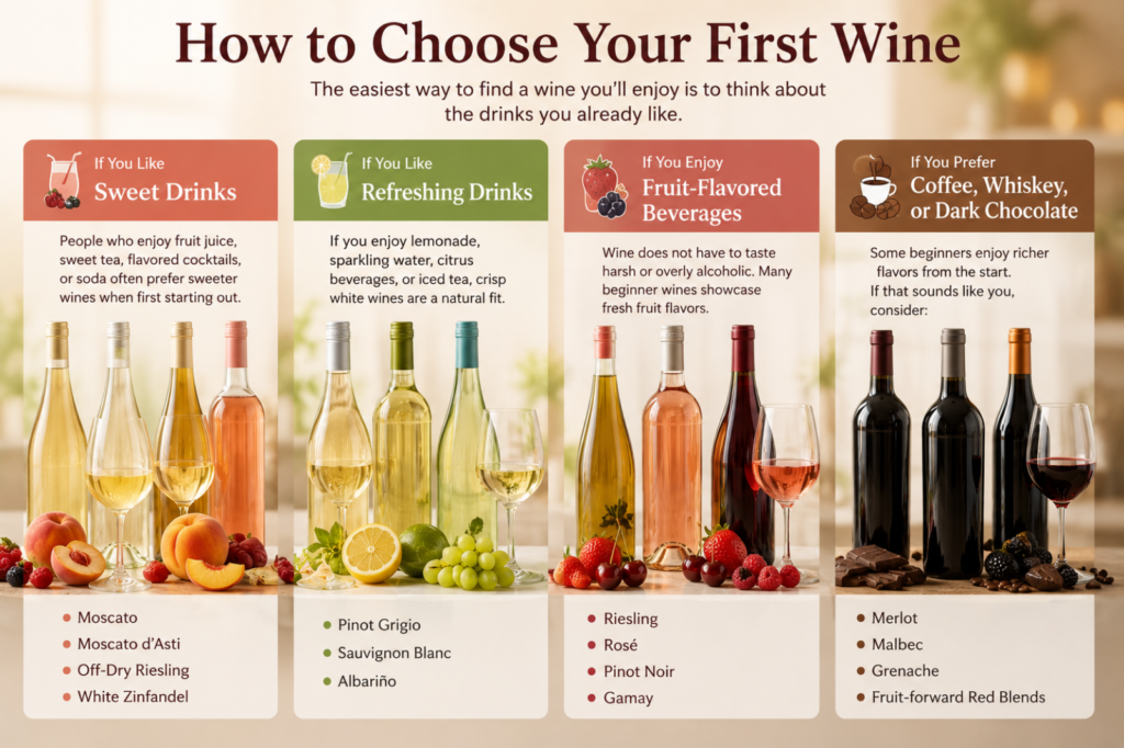 How to choose your first wine infographic matching wine styles to favorite drinks and flavors